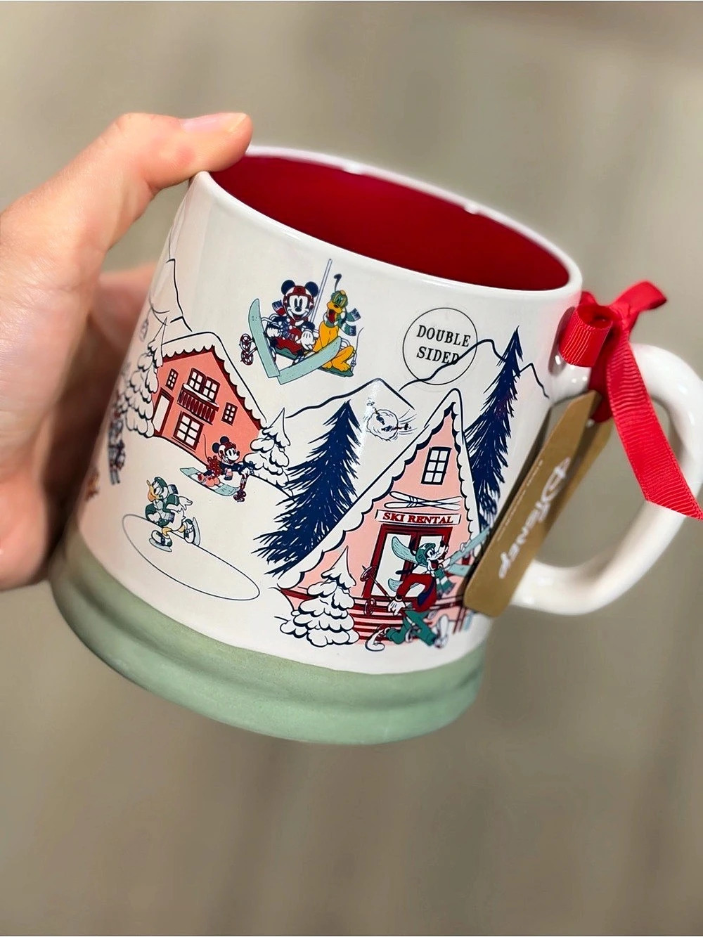 Rae dunn Disney Mickey Mouse and Friends Walt's Holiday Lodge Mug White & Green